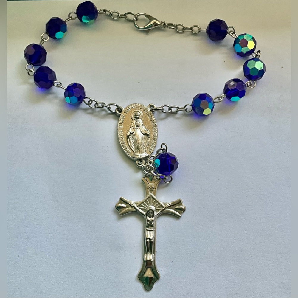 New Silver and Blue Beaded Rosary Bracelet